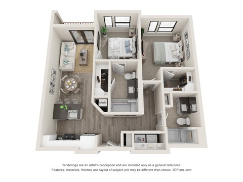 Floor plan for 2 beds, 2 baths, 1021 sqft